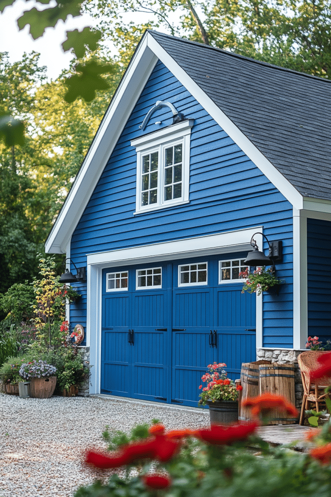 Bold Blue Painted Farmhouse Garage Design