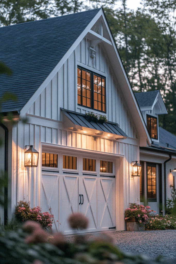 Farmhouse Garage with Stylish Transom Windows