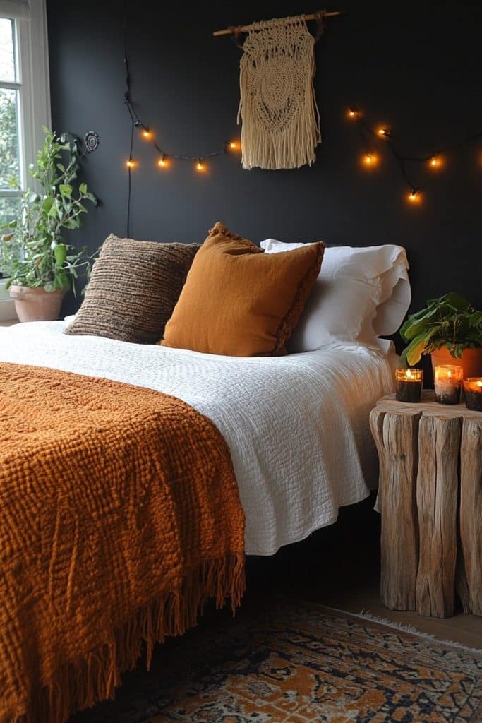 Noir Tranquility: Serene Boho Bedroom