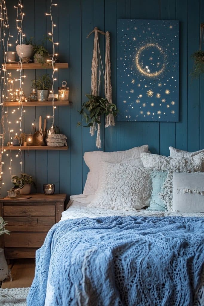 Starlit Retreat: Light Blue Boho Bedroom