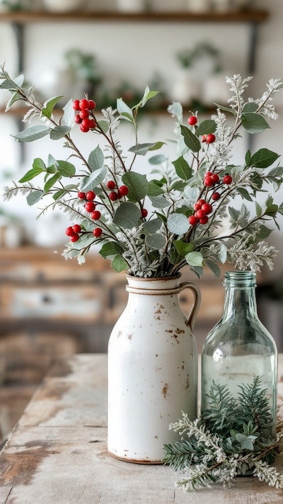 Milk Jug Vase with Holiday Stems