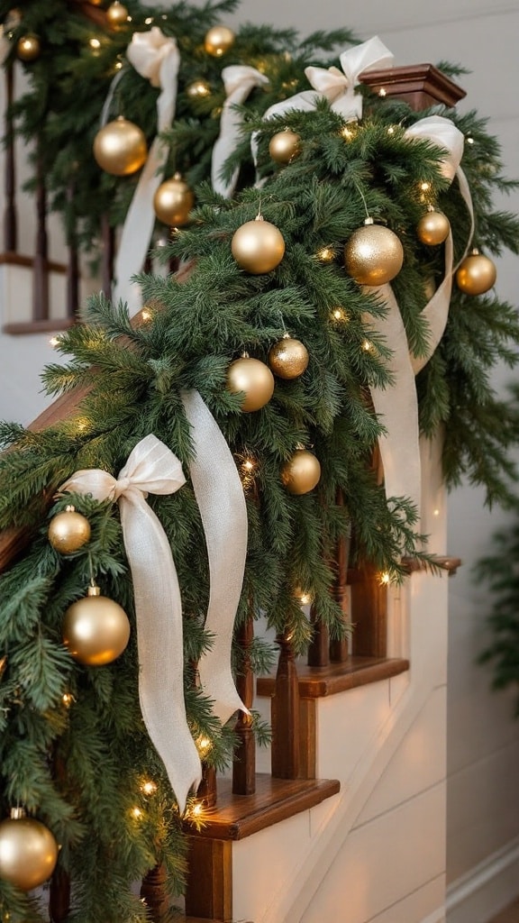 Garland-Lined Staircase with Ribbon Accents