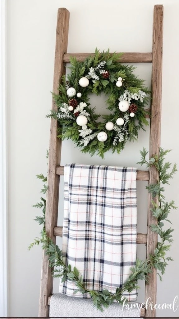 Farmhouse-Style Wreath on Wooden Ladder