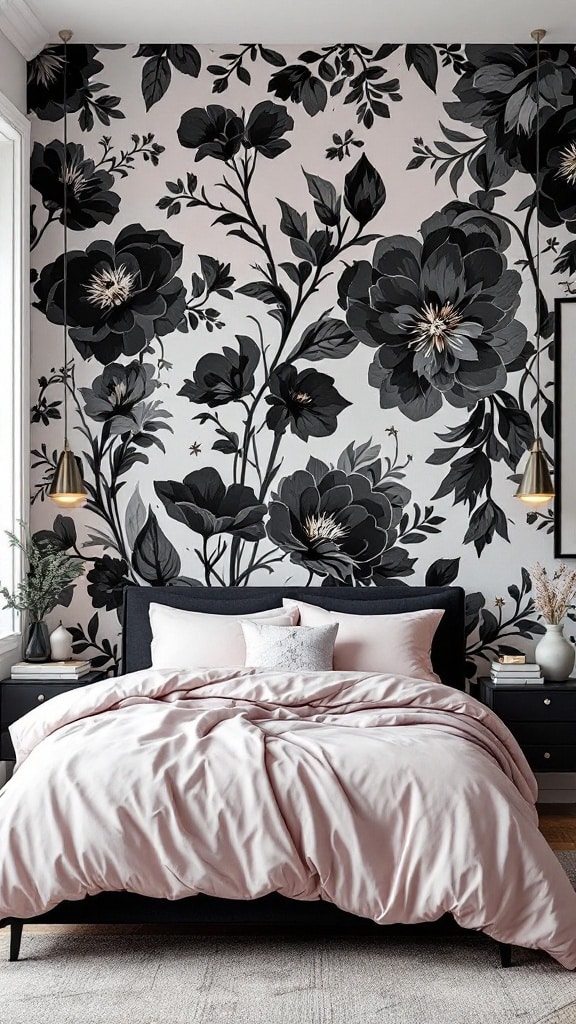 Dark Floral Wall Mural with Pink Details