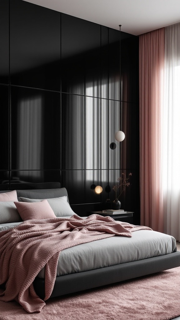 Glossy Black Paneling with Dusty Pink Accessories