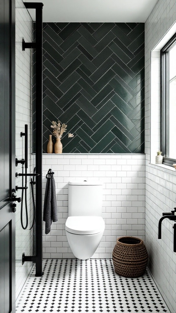 a bathroom with a toilet and a black tile wall