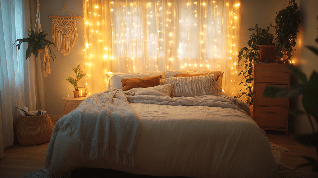 boho bedroom with curtain lights