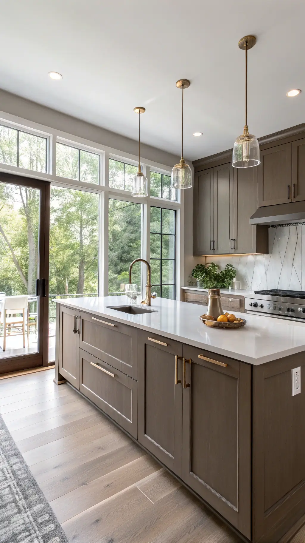 Modern kitchen with taupe Shaker-style cabinets, white quartz countertops, center island with brushed gold hardware, minimal brass pendant lights, under-cabinet lighting, and stylistic elements including a copper kettle and artisanal cutting boards