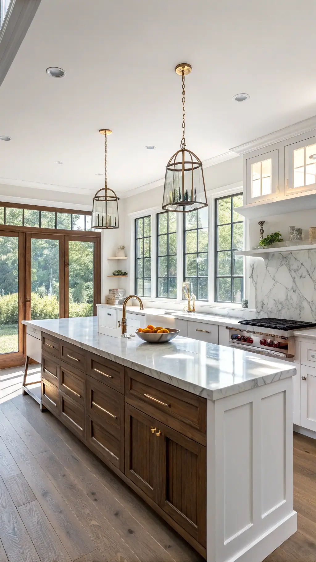 Morning sunlight bathing a large modern farmhouse kitchen with white Shaker cabinets, walnut island with waterfall edges, Carrara marble countertops, white oak shelves displaying ceramics, and black metal pendant lights.