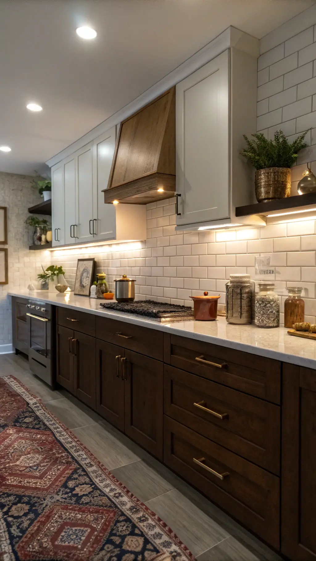 Intimate evening kitchen with matte white upper cabinets, chocolate walnut lower cabinets, vintage Persian runner, terracotta pots with fresh herbs, and copper cookware under warm lighting.