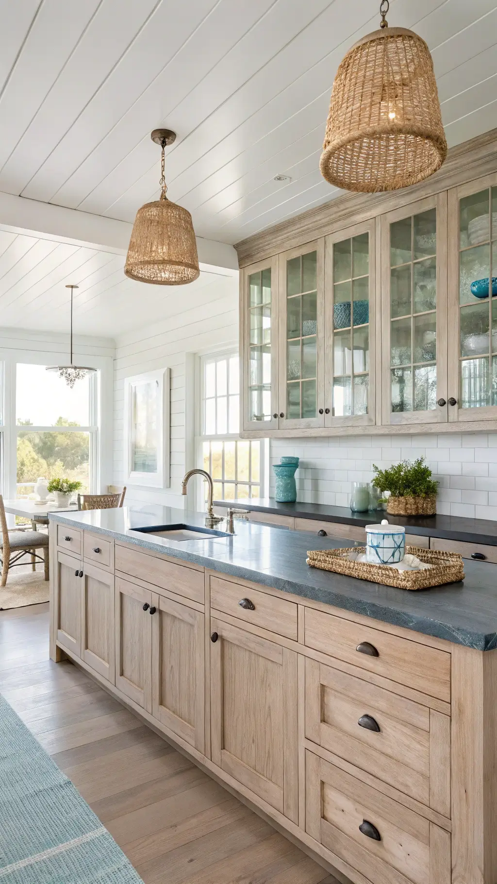 Bright and airy coastal kitchen with whitewashed red oak cabinets, blue-gray soapstone counters, white shiplap walls, and woven pendant lights over peninsula in soft afternoon light.