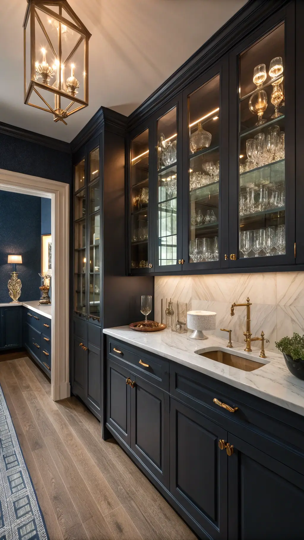 Small butler's pantry with navy cabinets, antiqued mirror backsplash, and white oak shelves under warm sconce lighting, featuring copper and brass accents, marble countertop, and a vintage runner.