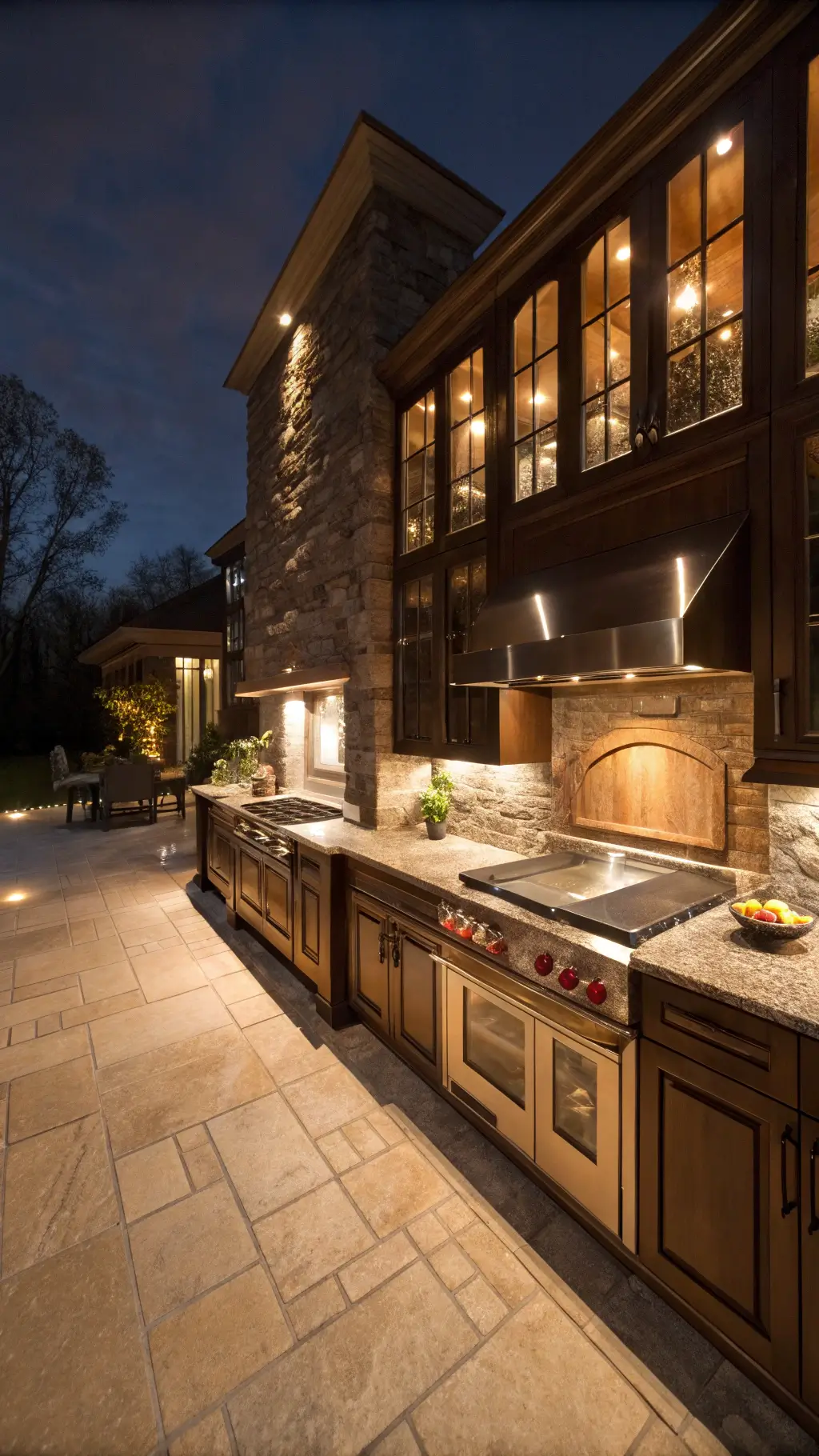 Illuminated professional-grade chef's kitchen with dark oak cabinets, leathered granite counters, commercial stainless appliances and copper cookware, captured at night from counter height.