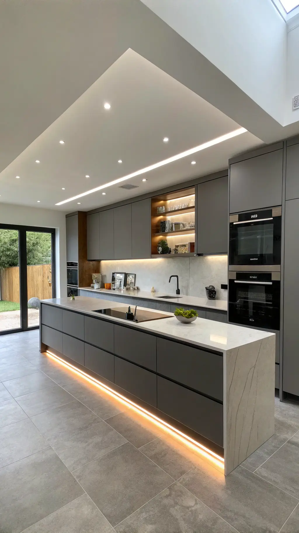 Sleek, contemporary grey kitchen with high-gloss white island, charcoal handleless cabinets, warm walnut floating shelves, integrated appliances, LED under-cabinet lighting, and floor-to-ceiling windows providing natural backlighting, captured in bird's eye view to highlight spatial flow and dramatic accent lighting