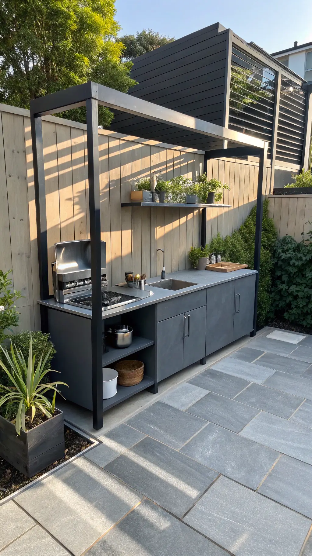 Modern minimalist mud kitchen with charcoal steel frame and stainless steel surfaces in backyard, viewed from above at a 45° angle with concrete tiles, natural wood elements, and green plants on monochromatic grey scheme.