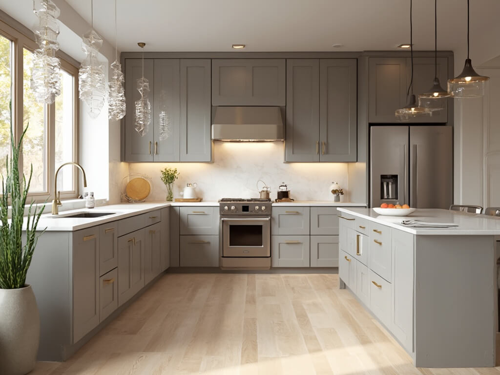 "Luxurious taupe kitchen interior featuring Shaker-style cabinets, white quartz countertops, marble backsplash, stainless steel appliances, and adorned with fresh herbs and copper cookware."
