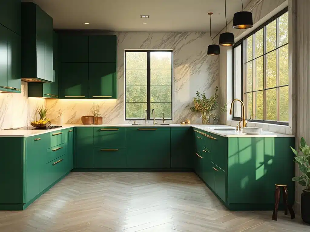 "Luxurious modern kitchen with emerald green cabinets, white marble countertops, and brass hardware during golden hour"