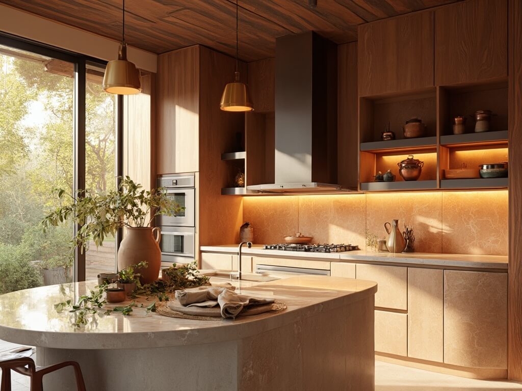 "Modern kitchen with walnut cabinetry, marble island, terracotta backsplash and smart appliances in golden hour lighting"