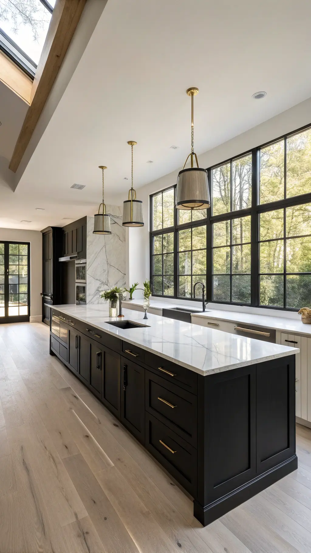 Spacious and luxurious modern kitchen with matte black cabinets, white marble countertops, and large windows letting in morning light