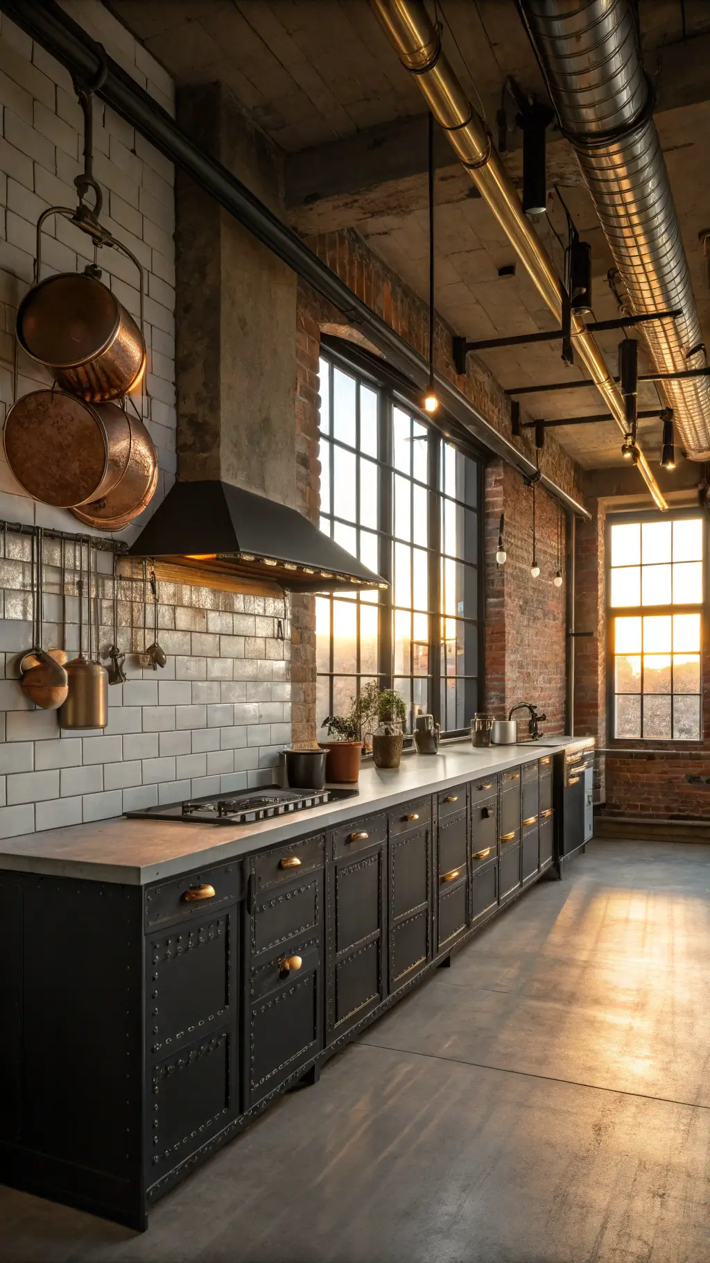 Industrial chic loft kitchen with black metal cabinets, polished concrete countertops, white subway tile backsplash, vintage copper pots, exposed brick walls, and factory-style windows with golden hour light filtering.