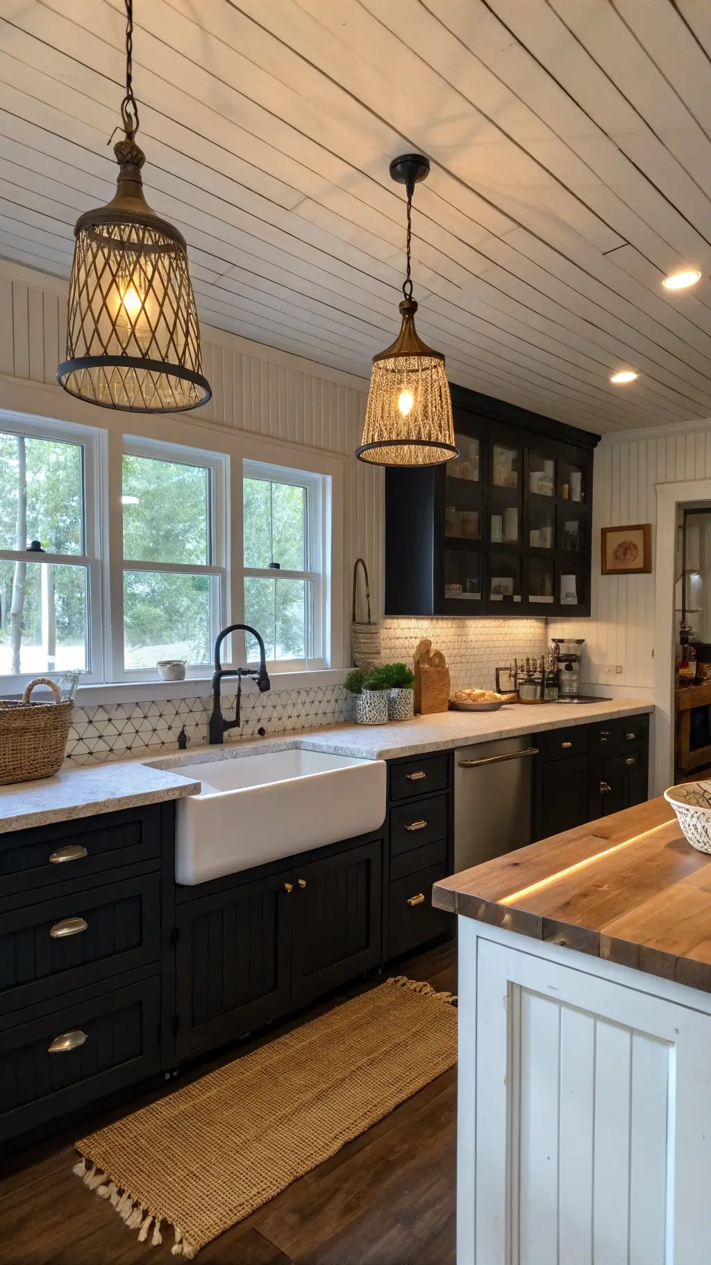 Contemporary farmhouse kitchen with black cabinets, butcher block island, woven pendant lights, and white farmhouse sink during blue hour.