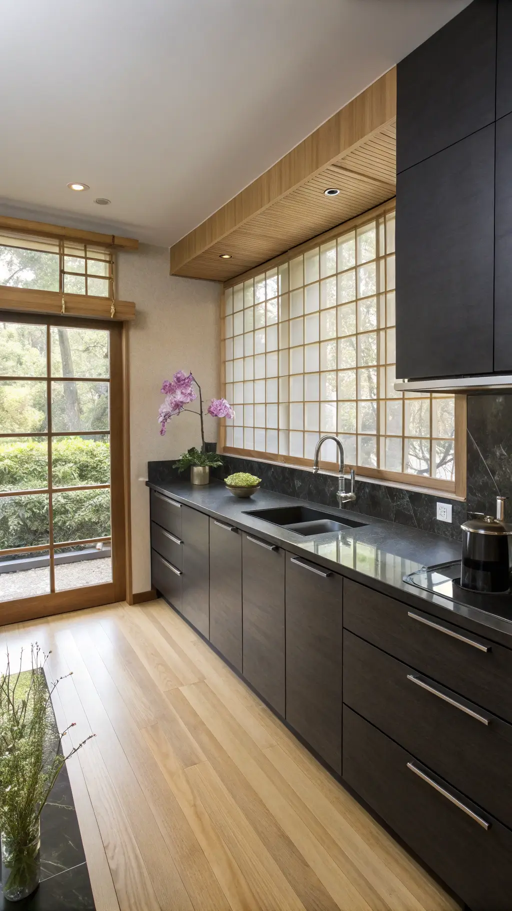 Minimalist Asian-inspired compact kitchen with black lacquered cabinets, black stone countertops, blonde bamboo flooring, rice paper window coverings, and an orchid, illuminated by zen-like morning light.