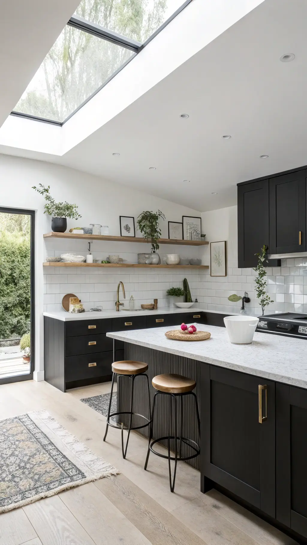 Modern Scandinavian kitchen with black ash cabinets, pale terrazzo countertops, white ceramics on open shelves, and barstools draped with sheepskins, lit by diffused light from skylights.