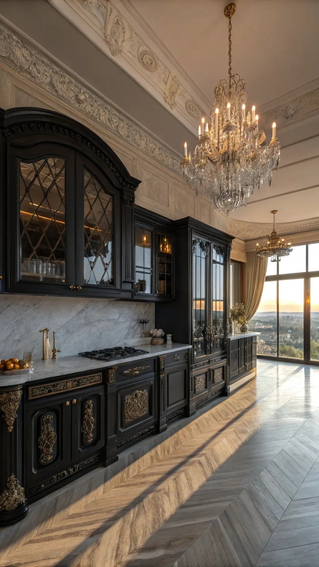 Gothic glamour kitchen with black raised-panel cabinets, crystal chandelier, marble herringbone floors, antiqued mirror backsplash and bronze hardware during golden hour