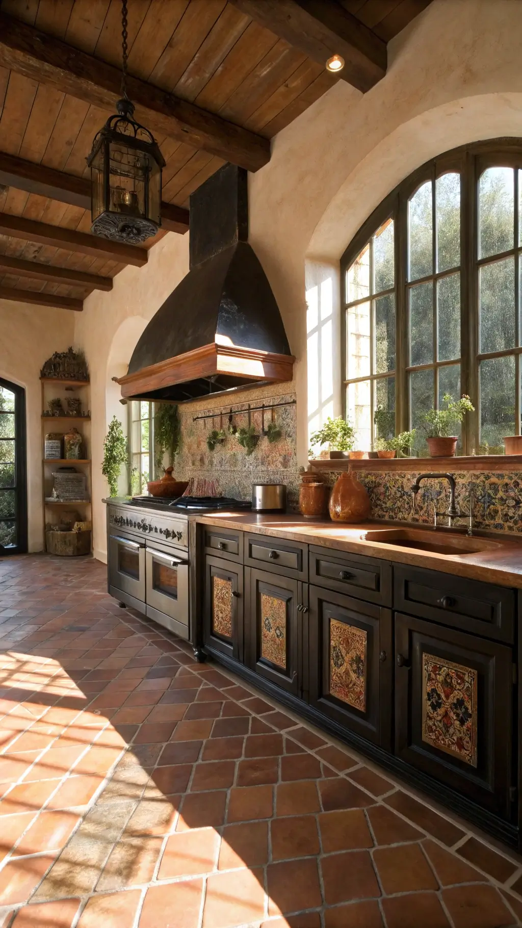 Mediterranean rustic kitchen with black distressed cabinets, terracotta floor tiles, copper range hood, and herbs drying from ceiling-mounted rack, bathed in late morning light streaming through arched windows