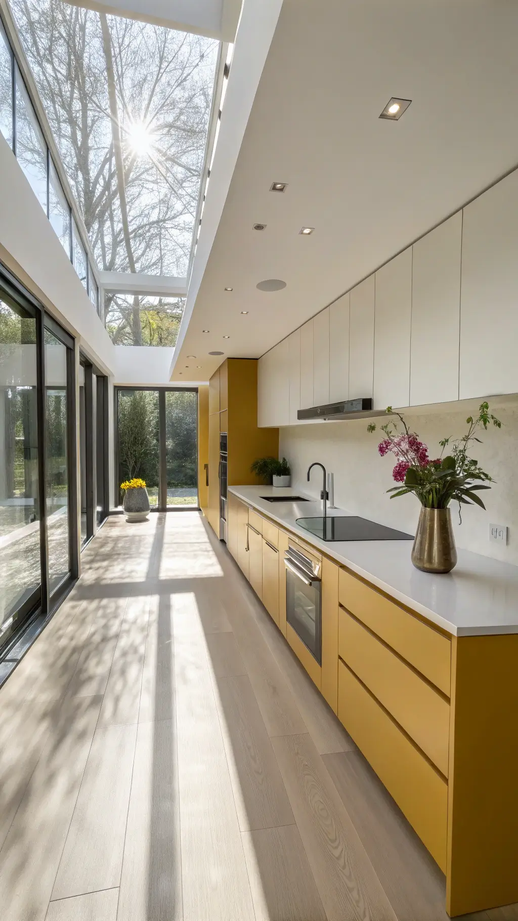 Spacious minimalist kitchen bathed in late morning light with floor-to-ceiling yellow cabinets, white quartz countertops, stainless steel appliances, and central island with waterfall edges on pale oak flooring.