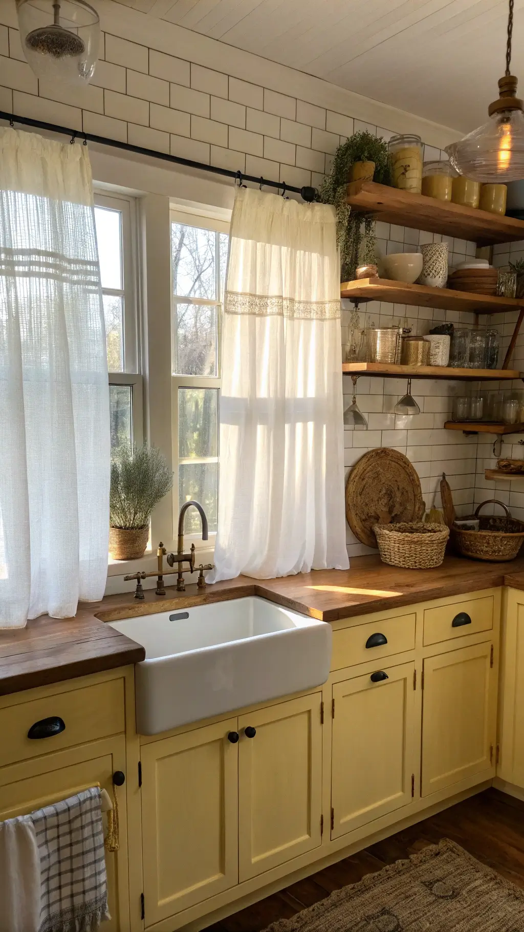 Cozy farmhouse kitchen with golden light filtering through white cafe curtains, featuring buttercream yellow shaker cabinets with brass pulls, butcher block countertops, open shelving with vintage pottery, and subway tile backsplash, decorated with woven baskets and dried herbs.