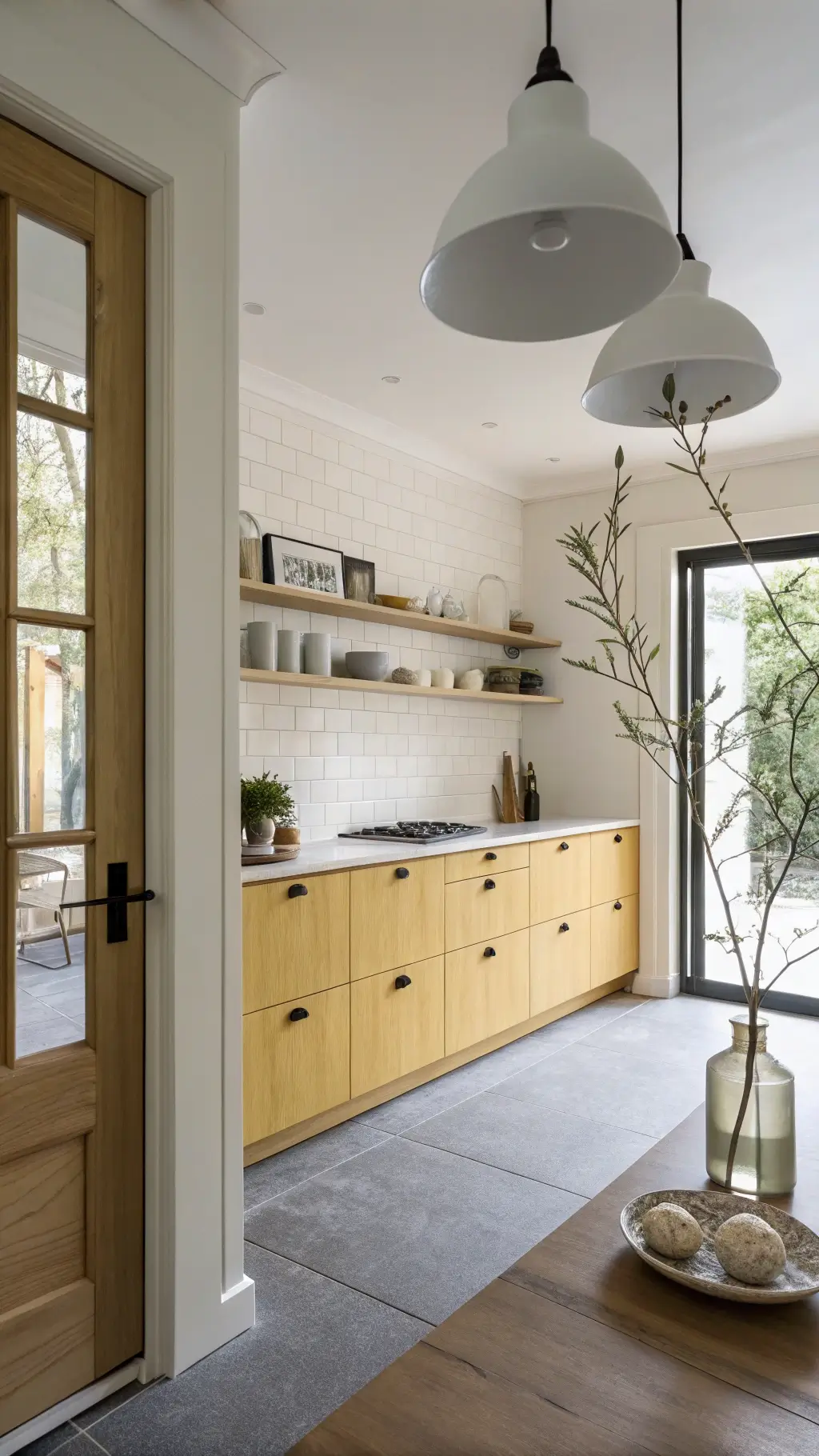 Scandinavian-inspired kitchen with pale yellow cabinets, birch open shelving, matte black hardware, large pendant lights, terrazzo flooring, and a eucalyptus branch in a glass vase