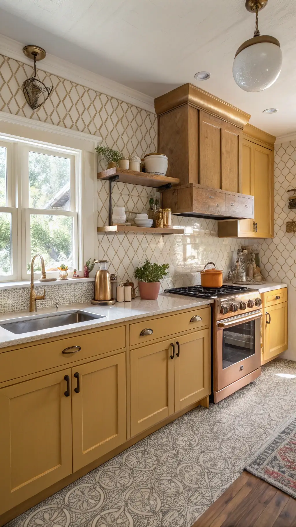 Mid-afternoon light illuminating a vintage revival kitchen with harvest gold cabinets, cream appliances, terrazzo countertops, and copper cookware on display.