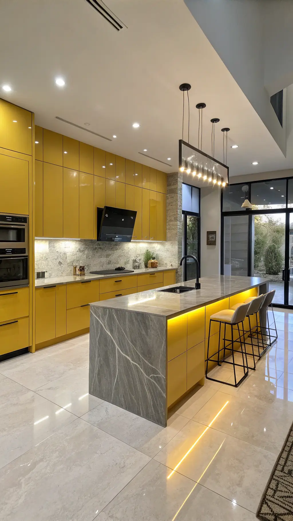 Contemporary open-concept kitchen with mustard yellow high-gloss cabinets, grey marble countertops and backsplash, matte black fixtures, and bar stools lining a waterfall island under ambient LED lighting