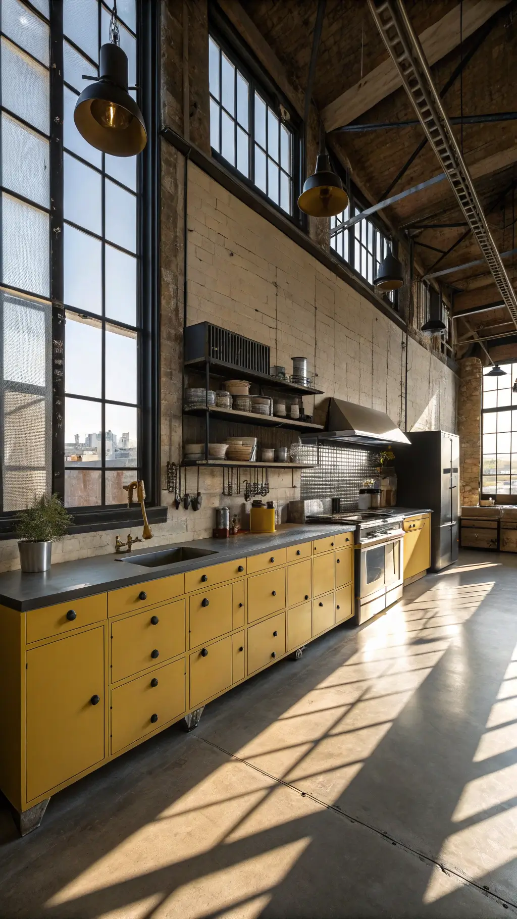 Loft style Industrial-Modern Kitchen in afternoon light with golden rod yellow metal cabinets, polished concrete countertops, black steel shelving, stainless steel appliances, and large factory windows casting shadows, viewed from mezzanine level.