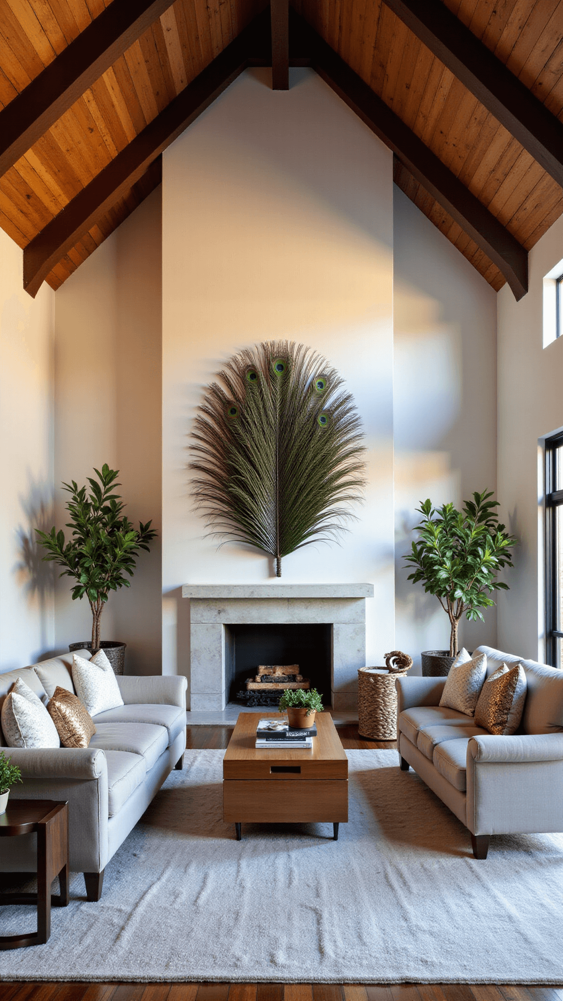 Avian-themed great room with vaulted ceilings, wooden beams, peacock tail wall art, concrete fireplace, modern art inspired nests, and bronze and gold accents, bathed in golden hour light.