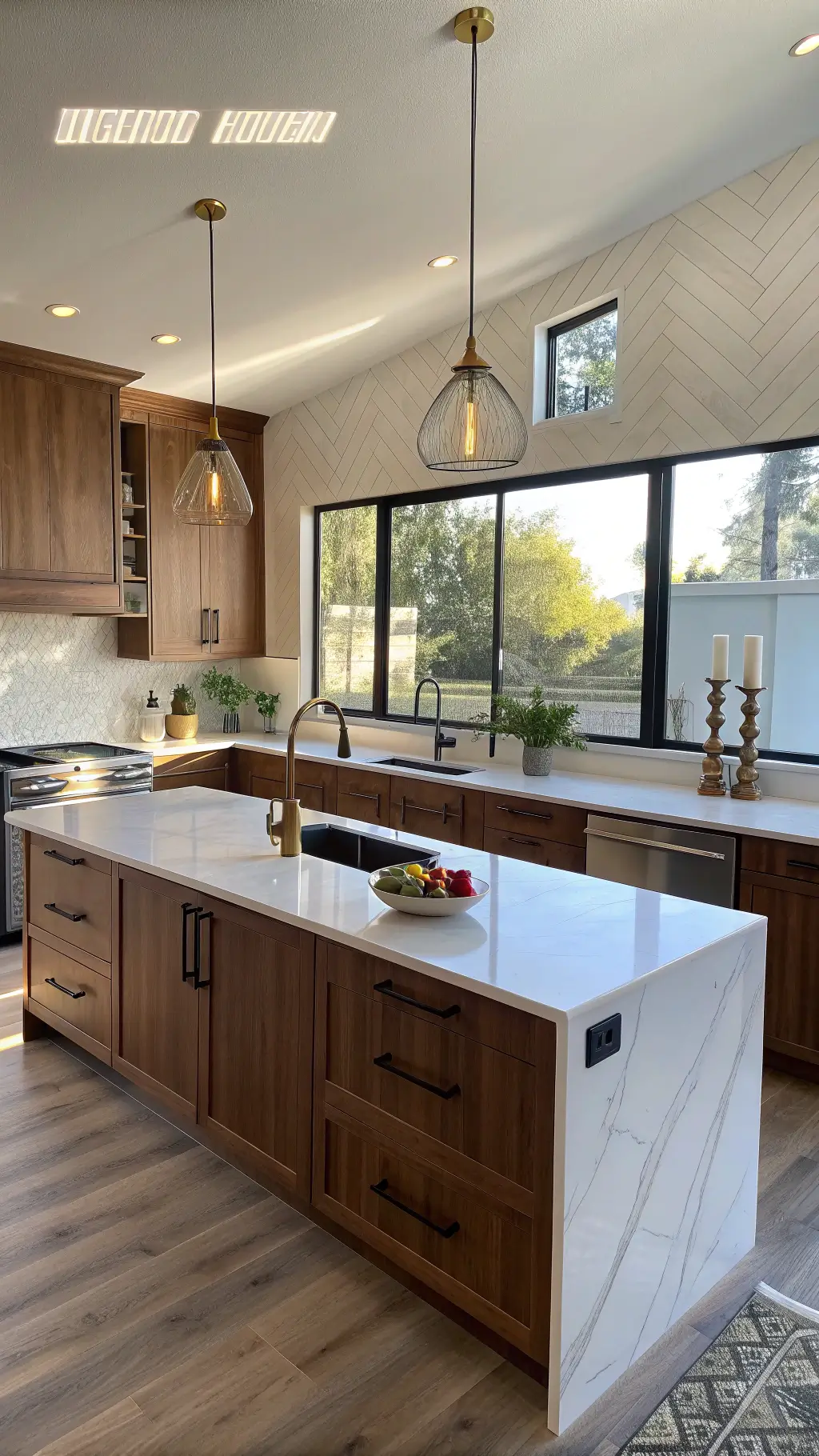 Sunny modern kitchen with walnut cabinets, white quartz countertops, marble herringbone backsplash, and brass pendant lights over island