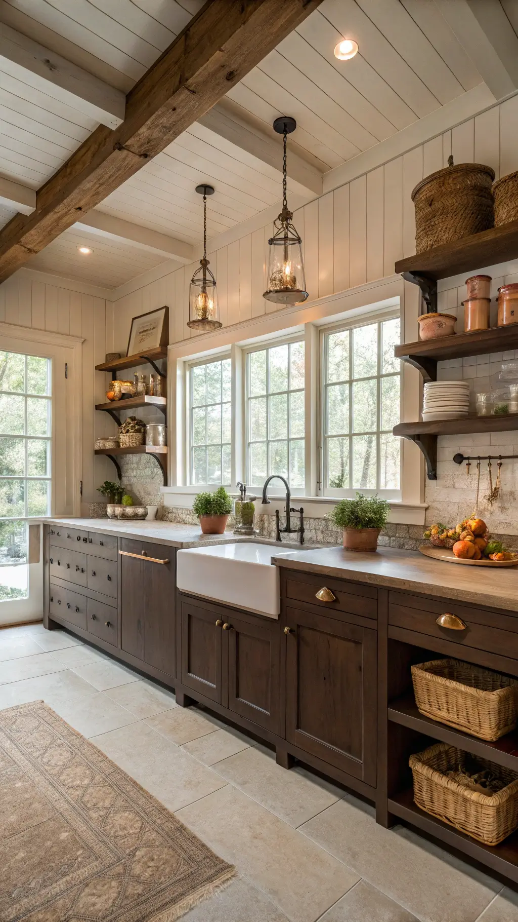 Spacious country farmhouse kitchen with brown cabinets, cream shiplap walls, exposed wooden beams, open shelves with pottery, and a butcher block island in early morning light.