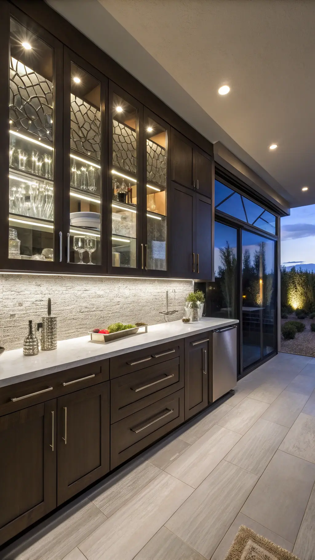 Modern open-concept kitchen at dusk with espresso cabinets, white countertops, LED lighting, and metallic accents