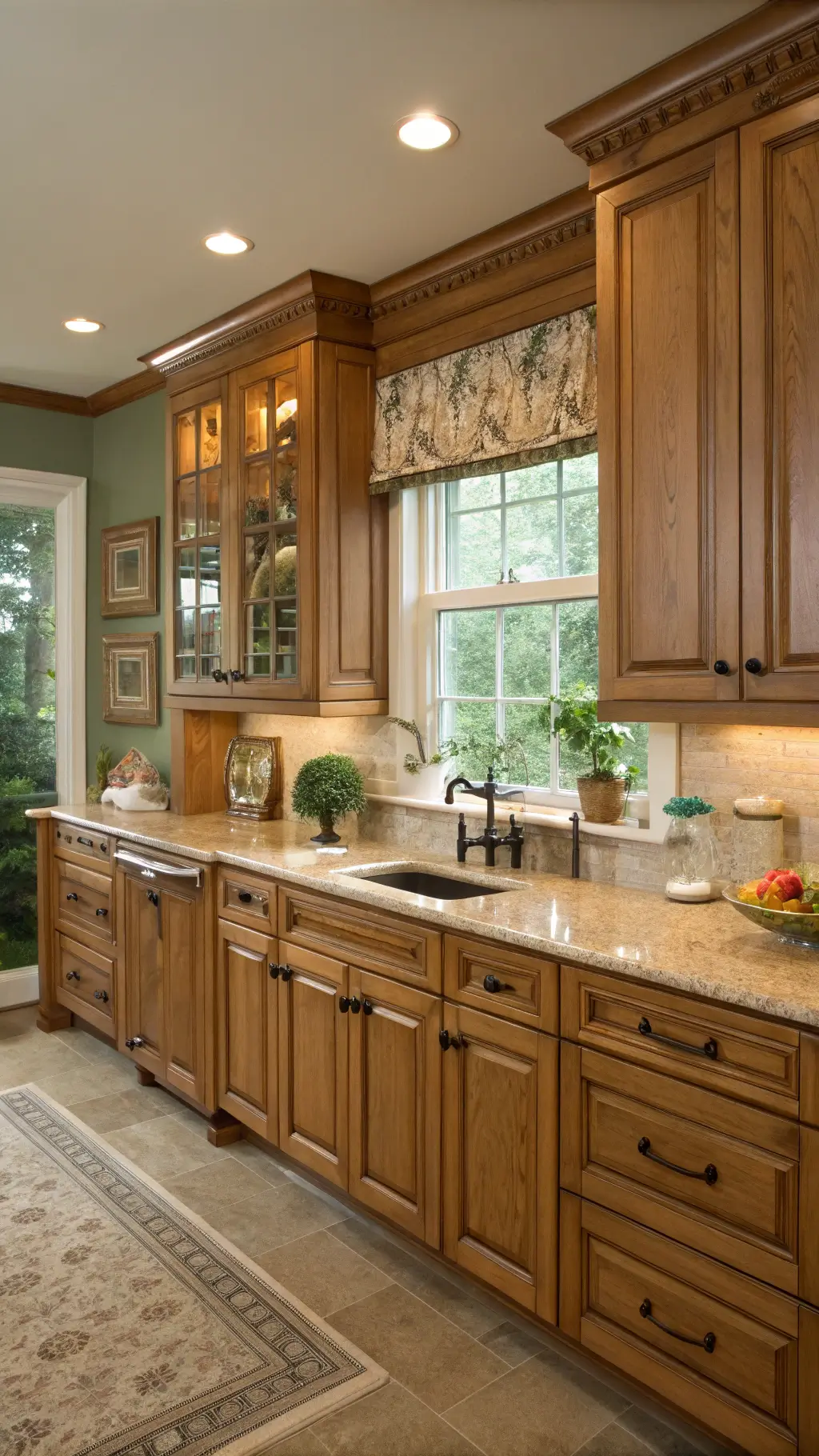Classic 14x14ft traditional kitchen with honey-toned cabinets, cream granite counter, sage green walls, glass-front cabinet with china, and a window garden in soft morning light.