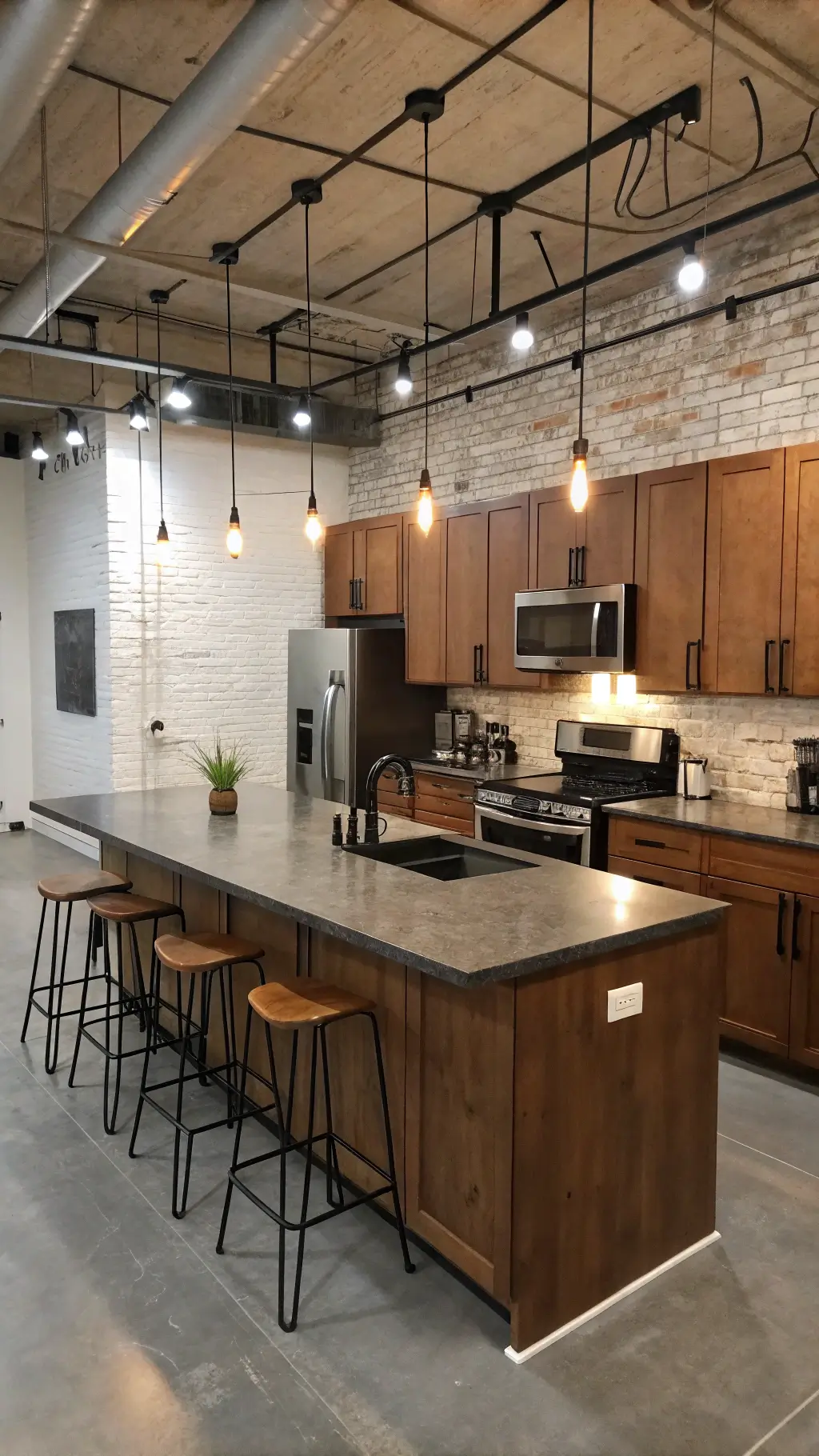 Overhead view of an industrial loft kitchen with medium brown cabinets, concrete countertops, stainless steel appliances, white painted exposed brick wall, Edison bulb lights and metal-wood bar stools at a pipe-frame island