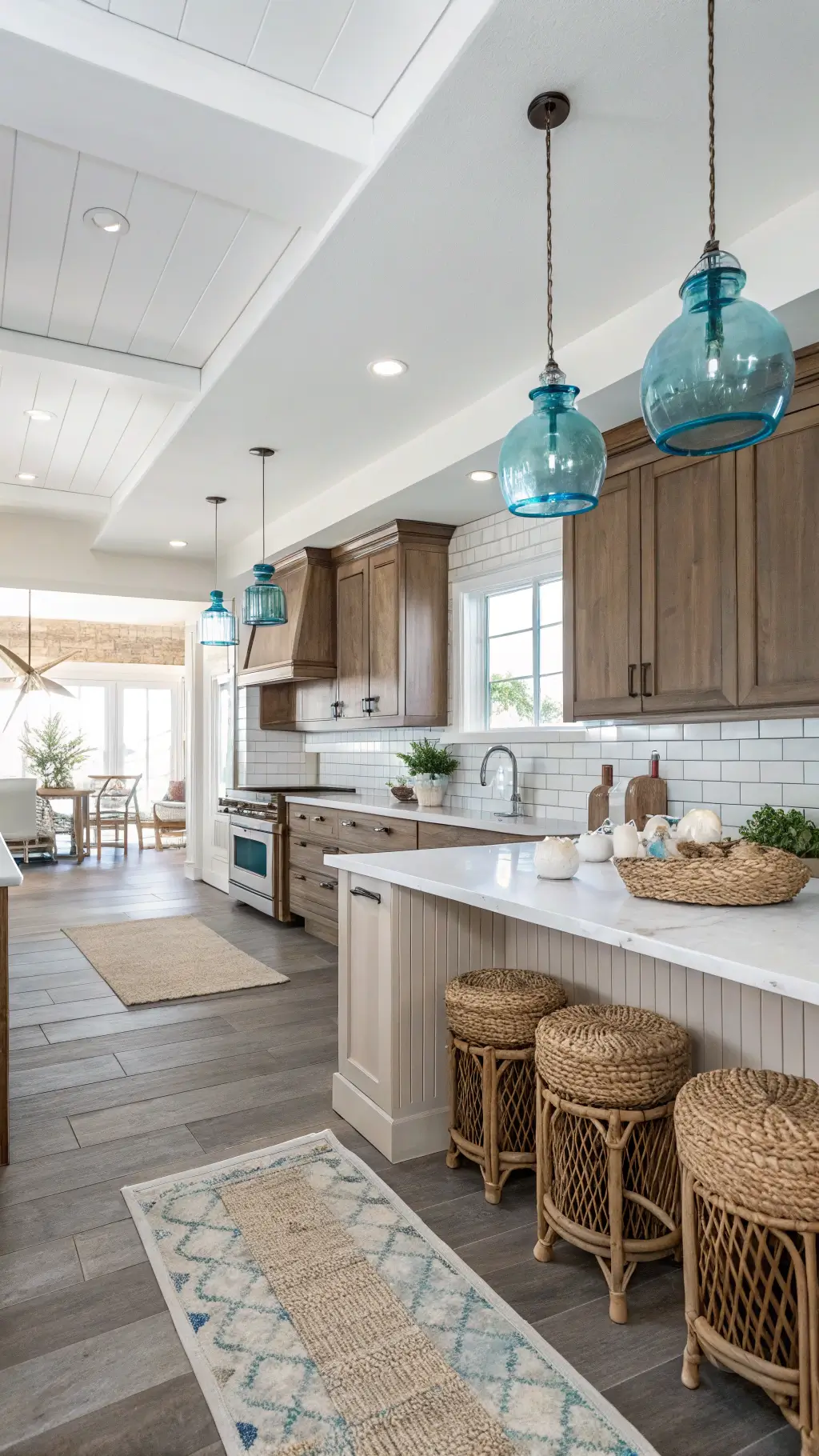 Bright coastal kitchen with brown driftwood-toned cabinets, white subway tile backsplash, blue glass pendants, seagrass counter stools, and woven textures in a sunny, slightly blue-lit room