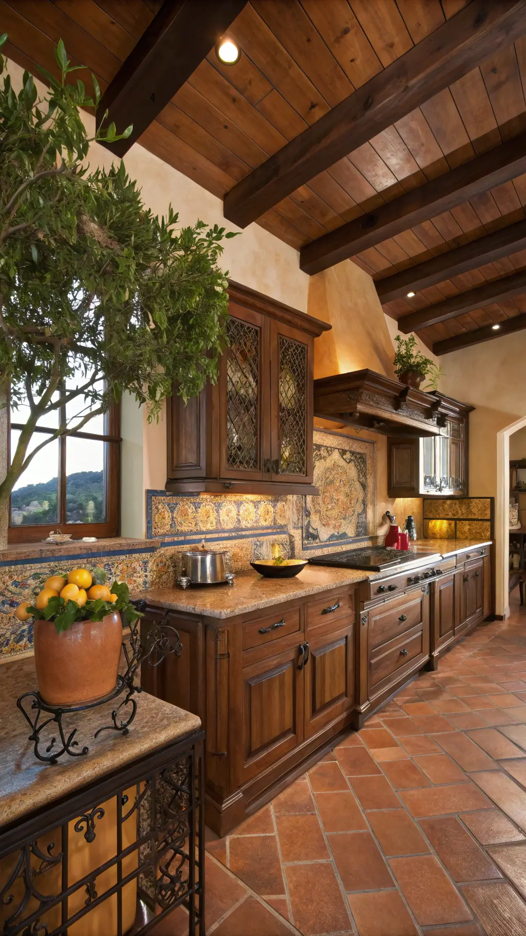 Mediterranean style kitchen at sunset with walnut cabinets, terracotta floor tiles, hand-painted tile backsplash, wrought iron pot rack with copper cookware, potted olive tree, and wooden ceiling beams.