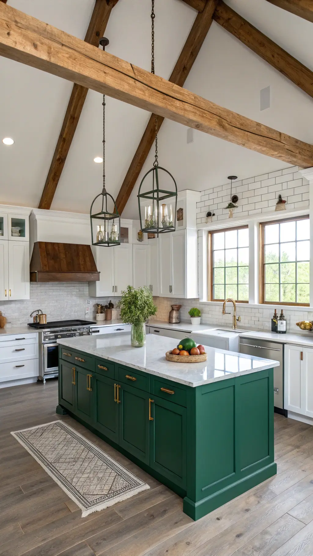 Aerial view of a modern farmhouse kitchen with 12ft ceilings, featuring a contrasting emerald green island and white cabinets, complemented by reclaimed wooden beams, copper pendant lights, brushed nickel hardware, and concrete countertops with subtle sparkle. Kitchen is styled with vintage bread boards, white ironstone pitchers, and fresh produce.