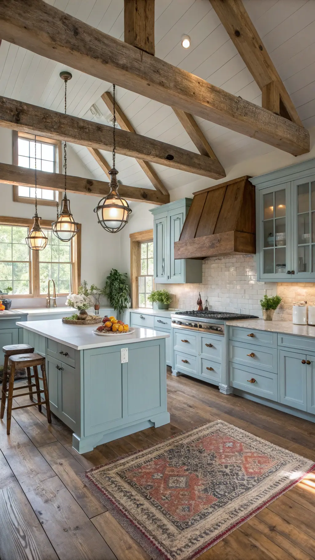 Overhead view of Farmhouse-style 14'x16' kitchen with distressed powder blue cabinets, wooden beams on the ceiling, and butcher block island topped with herbs.