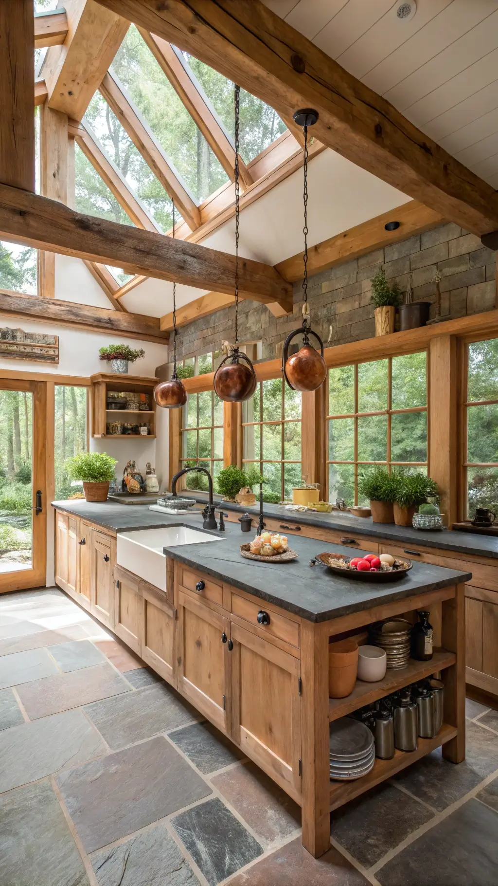A spacious, rustic kitchen with exposed timber frame, soapstone counters, and greenhouse windows, featuring a reclaimed barnwood island with butcher block top and hanging copper pots, open shelving with pottery and cookware, and decor of greenery, sourdough bread, and maple cutting boards.