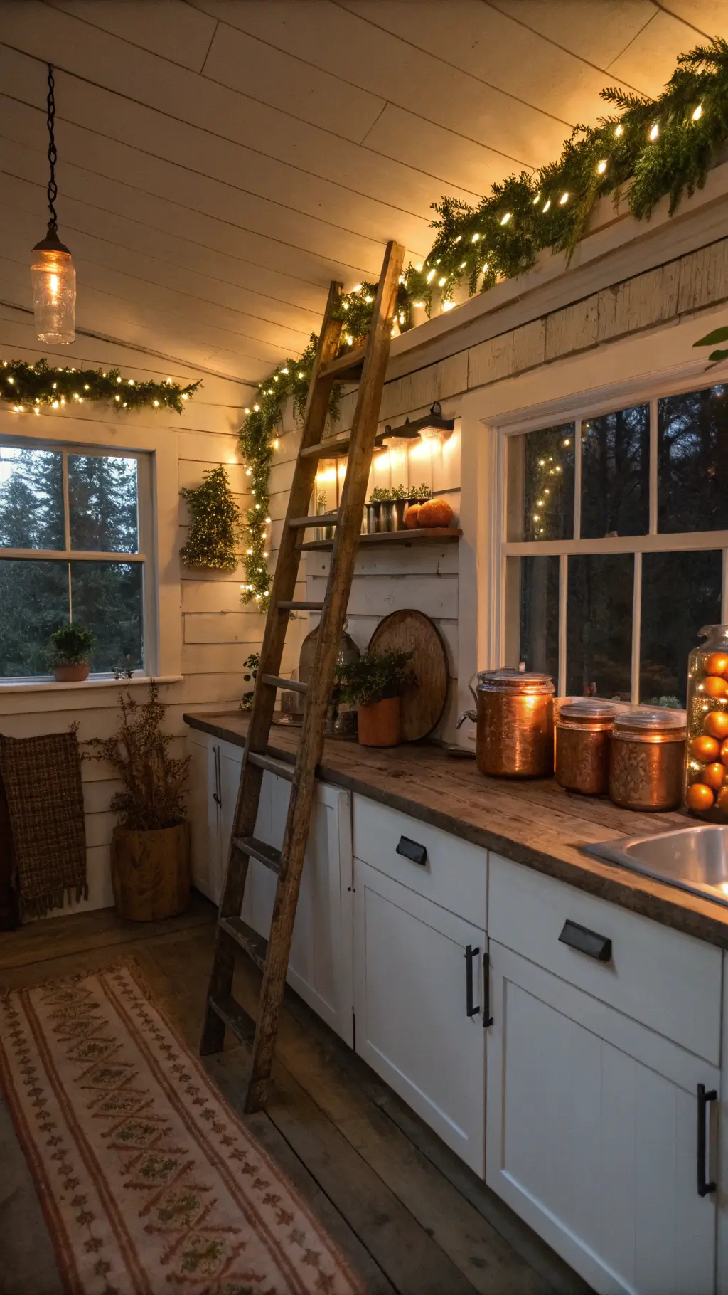 Cozy 10x12ft kitchen at dusk with warm undercabinet lighting reflecting off copper pots, open shelving displaying mason jars filled with dried oranges and cinnamon, vintage ladder with hand-knit stockings and twinkling fairy lights in fresh garland above windows.
