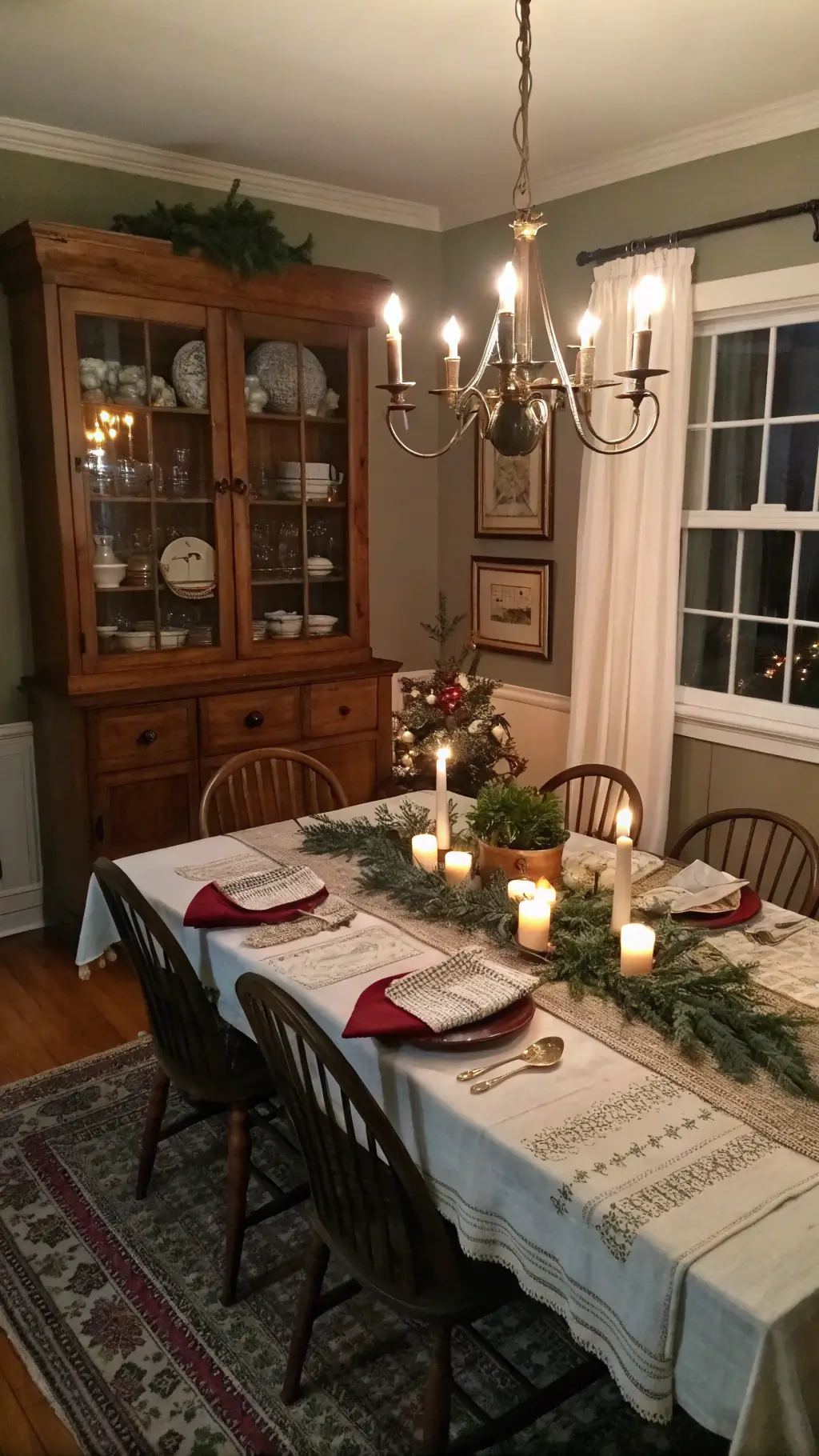 Twilight-lit dining room with dimmed chandelier, vintage linen-set farmhouse table, fresh greenery, antique china cabinet, and candlelight reflecting on surfaces, in a color story of cream, forest green, deep cranberry, and tarnished silver.