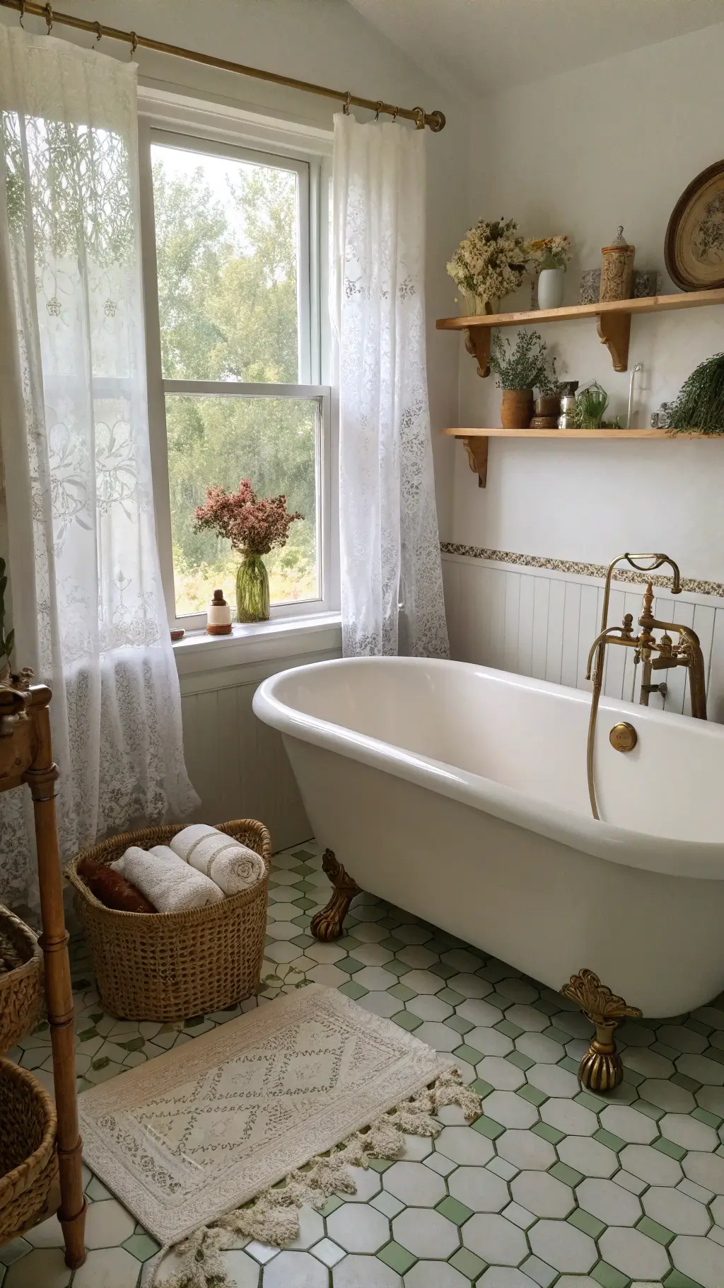 Vintage-styled bathroom illuminated by morning light featuring a brass-fixtured clawfoot tub beneath a lace-dressed window, a wooden shelf with apothecary jars filled with dried flowers, hexagonal cream and sage floor tiles, and a wicker hamper with rolled linen towels.