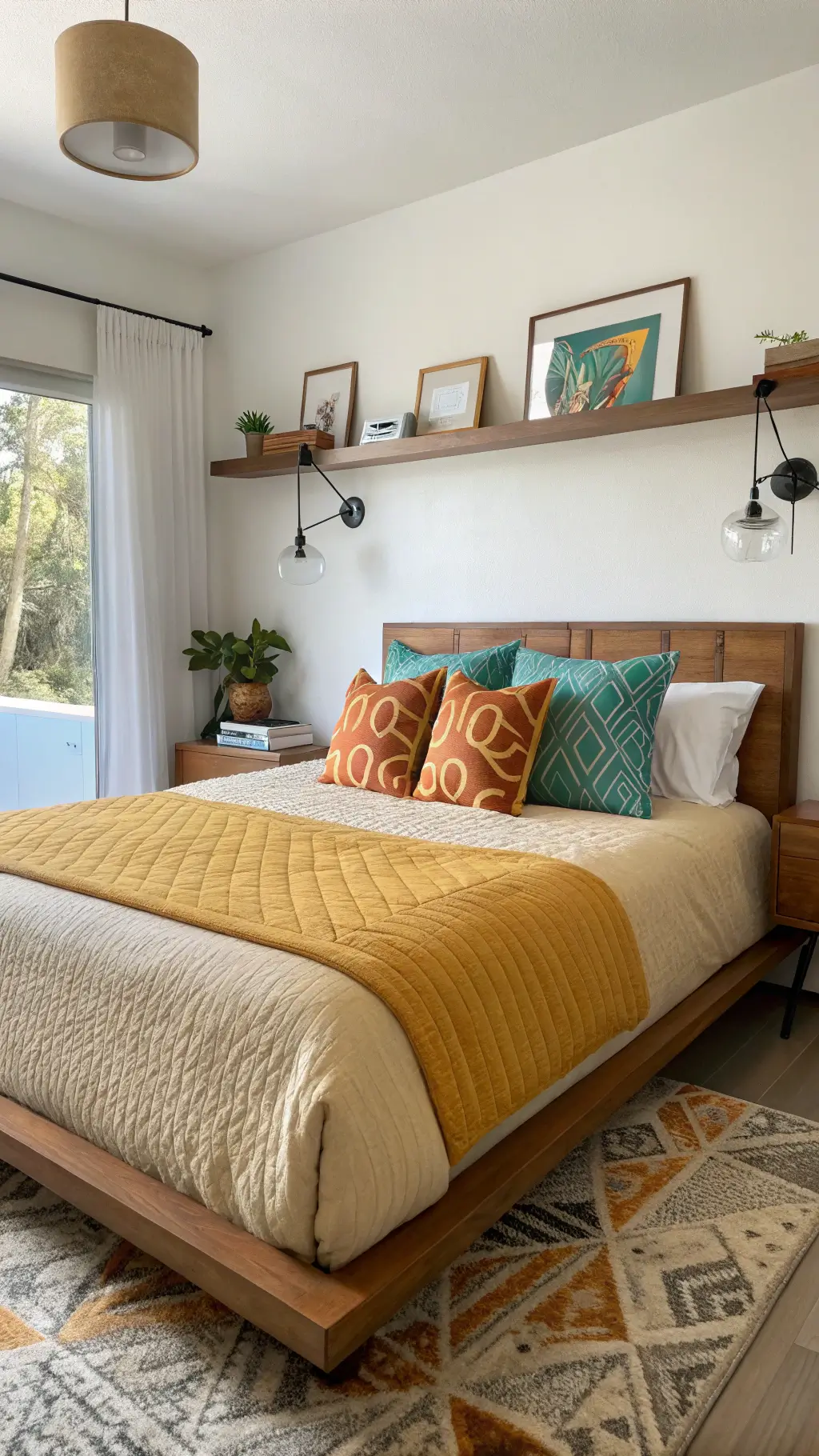 Airy 14x16ft bedroom with modern platform bed in sand tone cotton sheets and mustard yellow textured duvet, adorned with teal and orange geometric print pillows. Wall-mounted teak shelves display curated MCM accessories, all bathed in soft afternoon light.